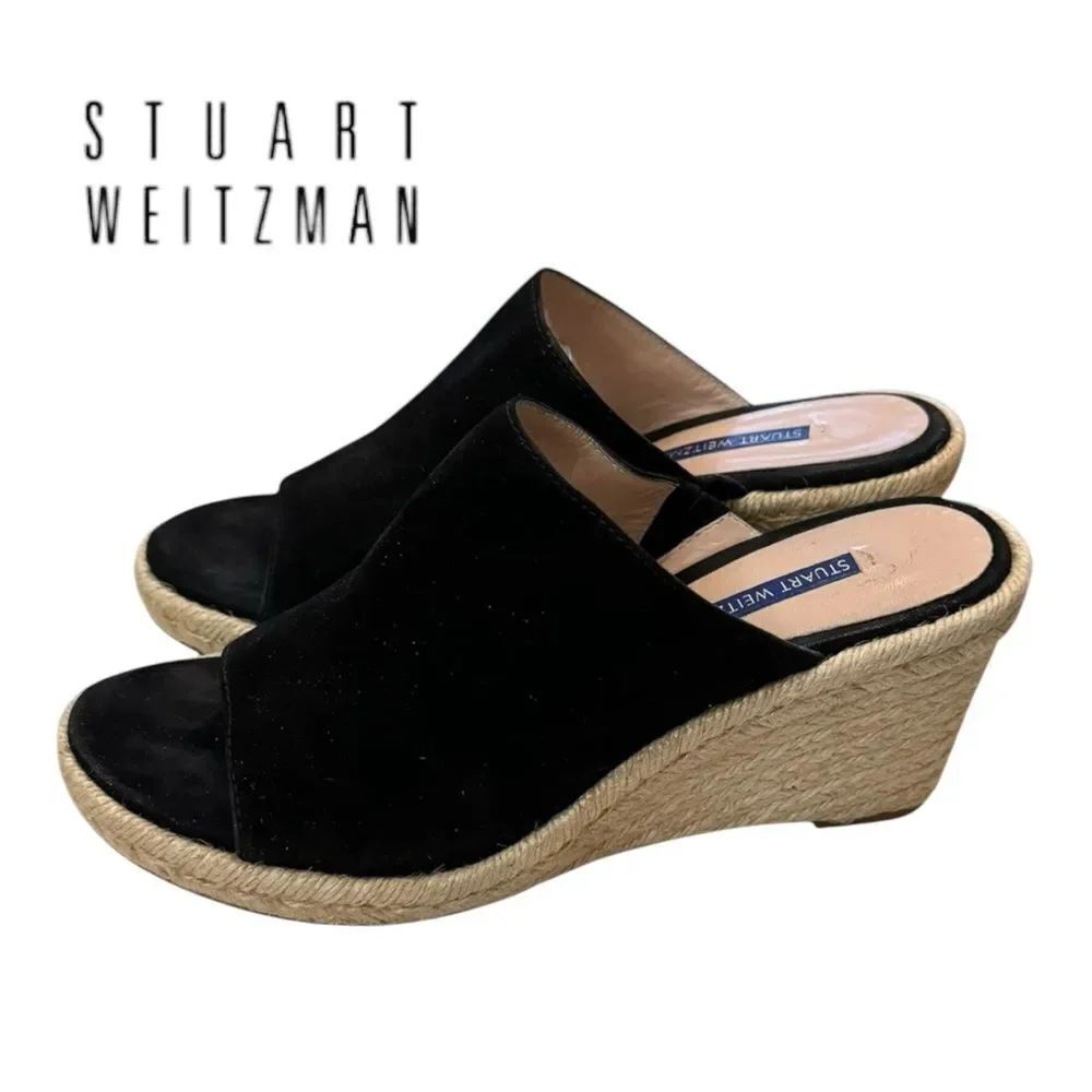Stuart Weitzman Marabella Women's Black Suede Leather Wedge Espadrille Sandals 9